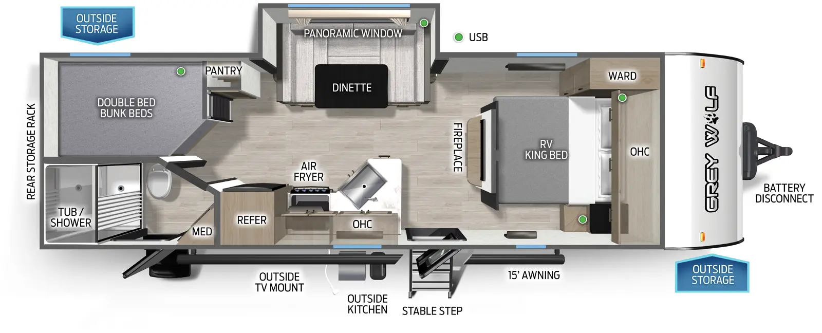 The Grey Wolf 23DBH floorplan has two entries and one slide out. Exterior features include: metal exterior, 15' awning and outside kitchen. Interiors features include: bunk beds, u-dinette and front bedroom.